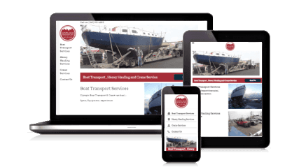 Responsive website shown on laptop, tablet, and phone screens with a ferry and red accents