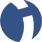 Blue circular logo with a white flame-like shape in the center