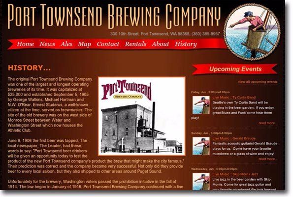 Port Townsend Brewing Company website homepage with red-brown theme, logo, navigation, history text, and beer image