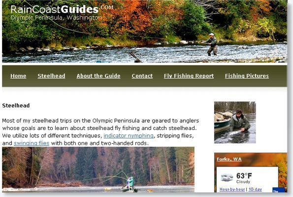 RainCoastGuides website homepage with river fishing scene and autumn forest banner
