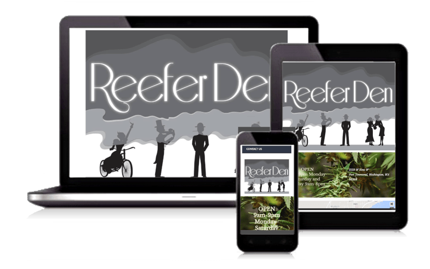 Laptop, tablet, and phone displaying the ReederDen website with black-and-white silhouettes.