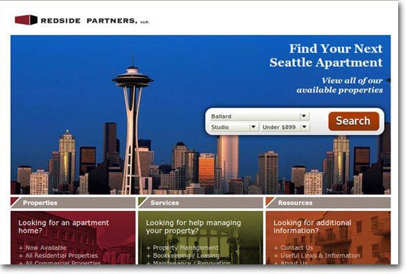 Seattle apartment search webpage with skyline banner and search form