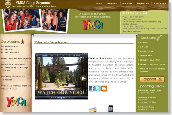 YMCA Camp Seymour website homepage with camp photo, navigation, and event sidebar
