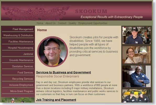 Screenshot of a maroon Skookum website homepage with navigation links, photos, and text about services and job training