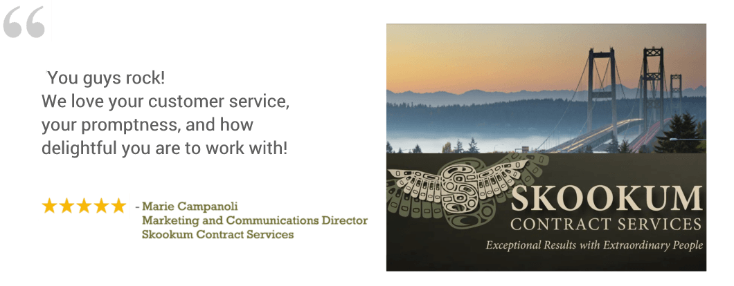 Customer testimonial beside SKOOKUM Contract Services banner with bridge and waterfall photo