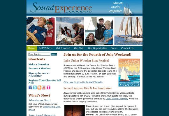 Website homepage for Sound Experience yacht cruises, with blue header, sailboat photos, and trip listings