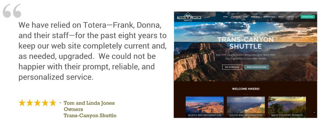 Travel shuttle website screenshot beside customer testimonial quote and 5-star review.