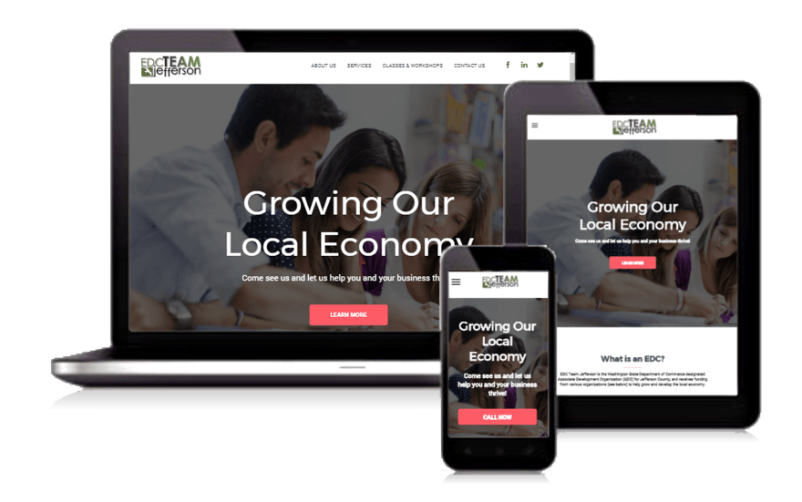 Responsive website mockup on laptop, tablet, and smartphone with “Growing Our Local Economy” homepage