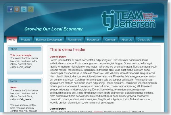 Webpage for “tjTEAM Jefferson” with blue header and a text-heavy article titled “This is demo header”