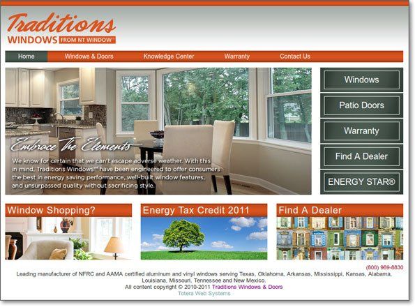 Traditions Windows showroom webpage with orange header, window photos, and product category buttons