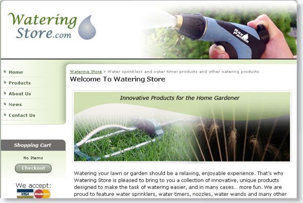 Watering Store homepage with green theme, hose banner, sidebar navigation, and shopping cart button