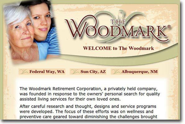 Woodmark retirement community brochure with smiling residents and locations in Federal Way, San City, and Albuquerque