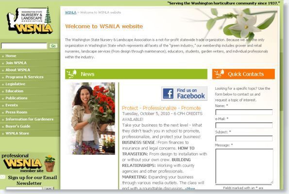 WSNA website homepage with green floral theme, navigation menu, news section, and quick contacts form