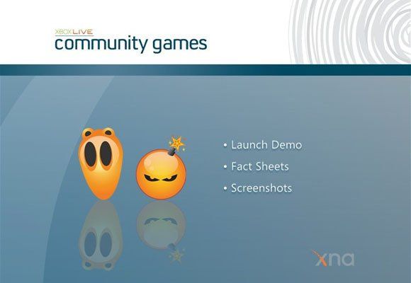 Promotional slide for community games with two cartoon faces and bullets: Launch Demo, Fact Sheets, Screenshots