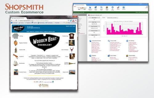 Shopsmith Customer eCommerce interface with storefront and analytics dashboard windows on a white background