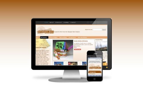 Desktop monitor and smartphone showing the same website on a beige background