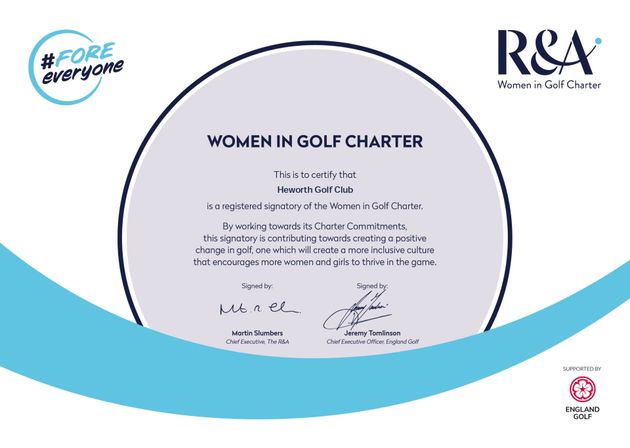 A certificate that says women in golf charter on it