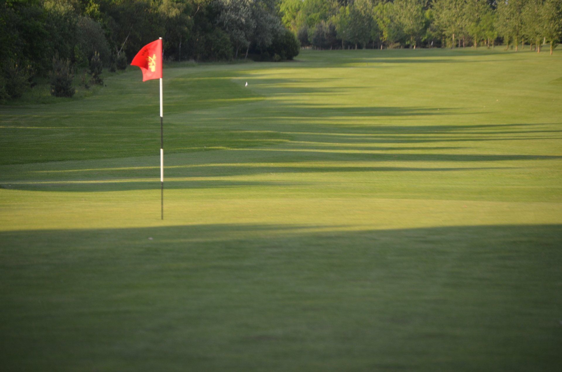 A golf course with a red flag on the green.