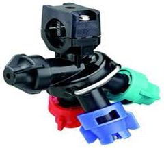 a sprayer with three different colored nozzles attached to it .