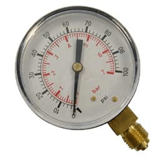 a close up of a pressure gauge on a white background .