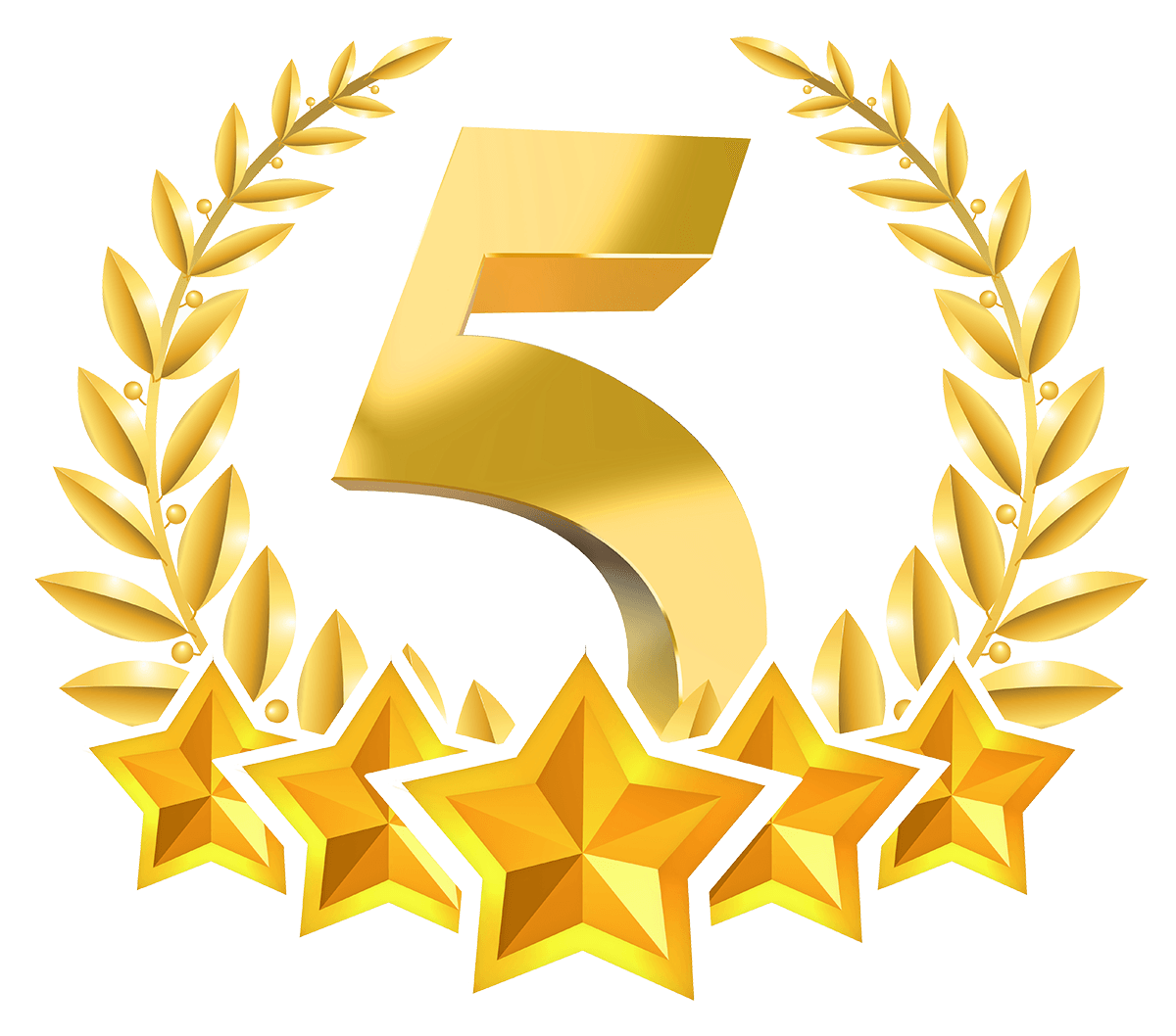 A large gold number 5 centered within a golden laurel wreath, framed by five golden stars at the bottom.