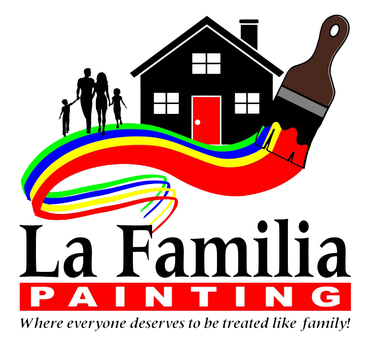 A paintbrush creates a colorful rainbow stroke beneath a house and figures, with the company name La Familia Painting below.