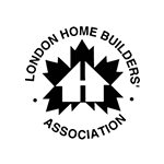 The logo for the london home builders association is black and white.