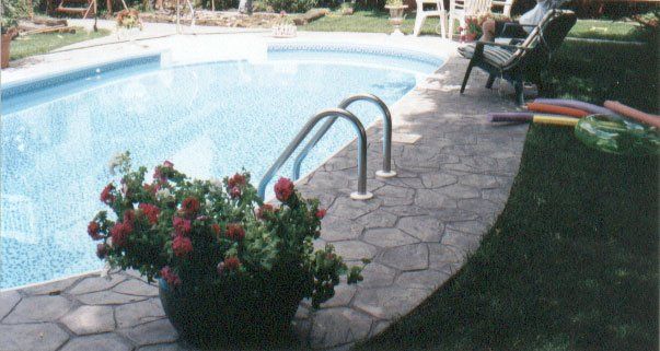 A potted plant sits next to a swimming pool