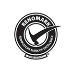 A black and white logo with a check mark in a circle.
