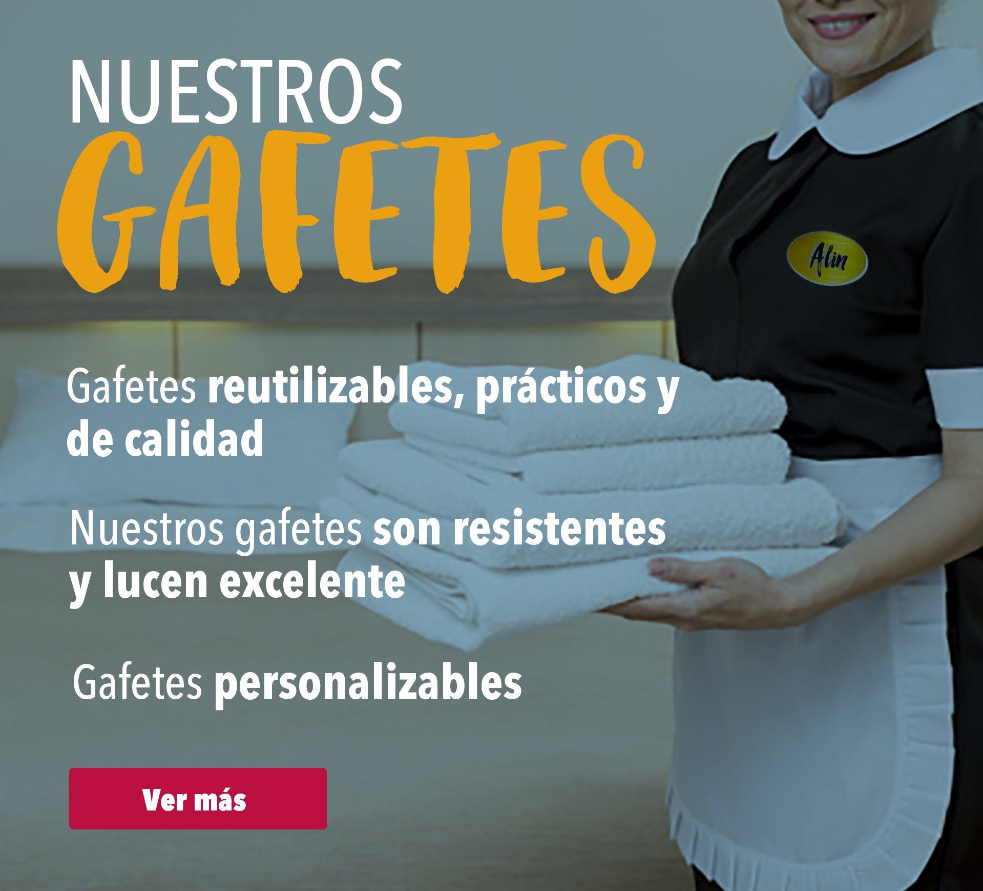 Banner promocional de delantales personalizados reutilizables, con texto y un camarero sonriente con uniforme blanco y negro.