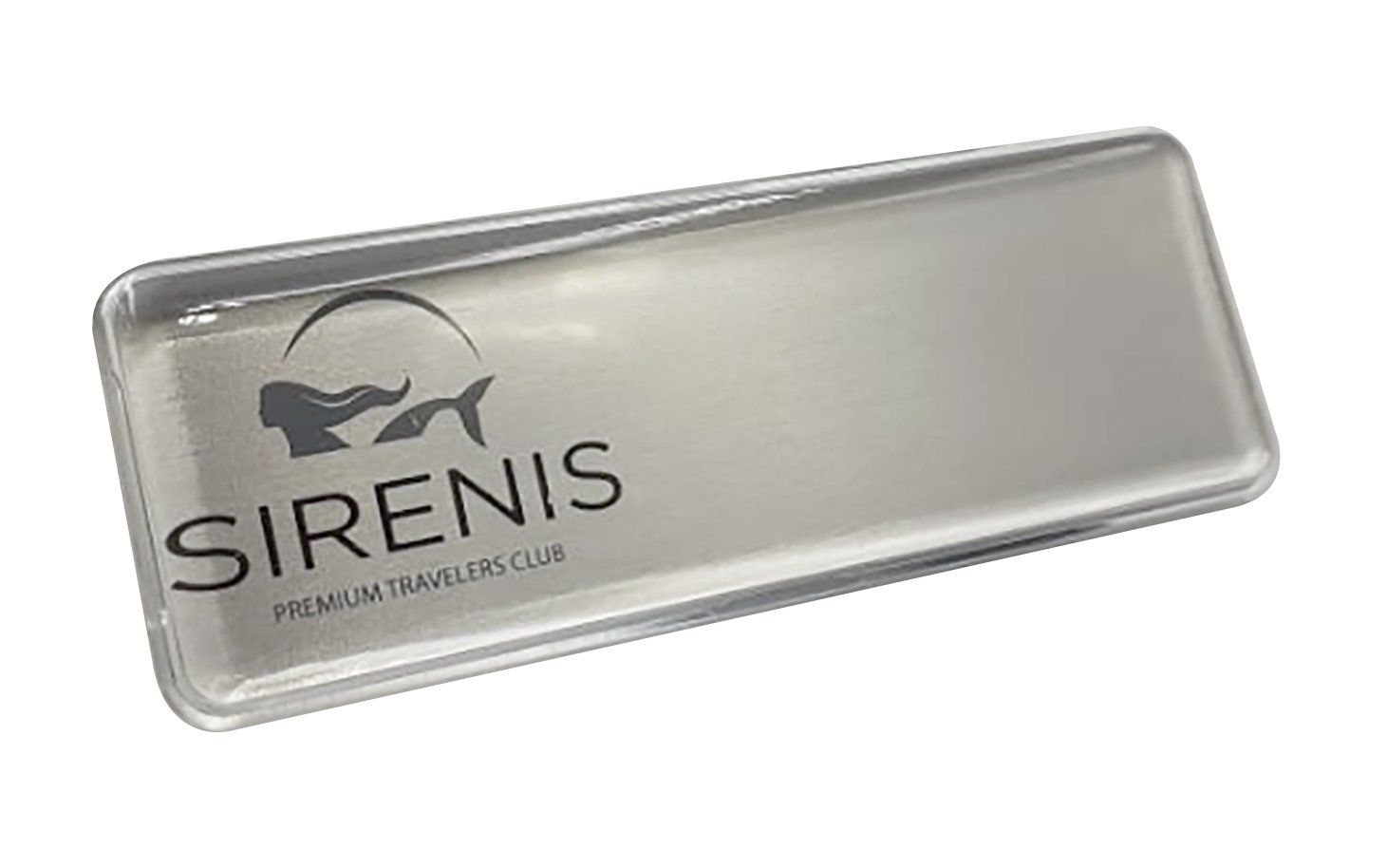 Estuche de metal plateado con el logotipo de SIRENIS y un gráfico de una ballena.