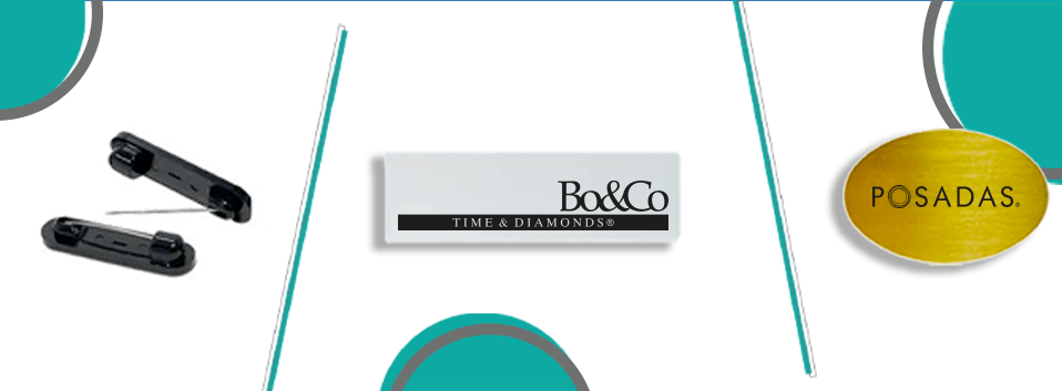 Diseño del producto con un dispositivo Bo&Co en el centro, accesorios negros a la izquierda y el logotipo de Posadas