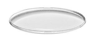 Bandeja ovalada de cristal transparente con borde plateado.
