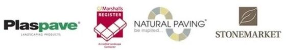 Logos of stone suppliers like Marshall and Plaspave who supply Cambscapes