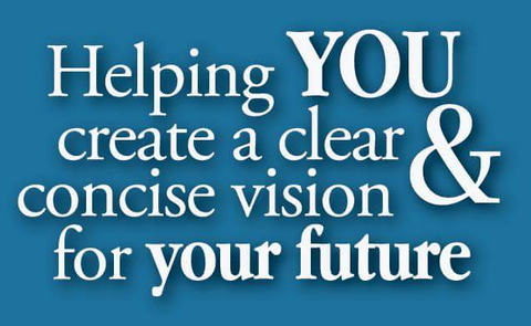 A blue sign that says helping you create a clear & concise vision for your future