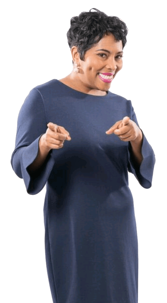 A woman in a blue dress is pointing at the camera.