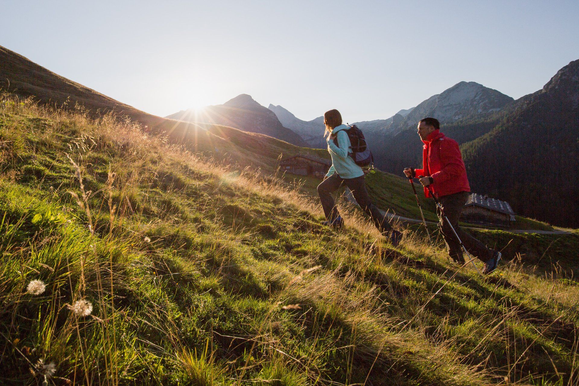 Zwei Wanderer, die bei Sonnenaufgang einen sonnenbeschienenen, grasbewachsenen Berghang hinaufsteigen