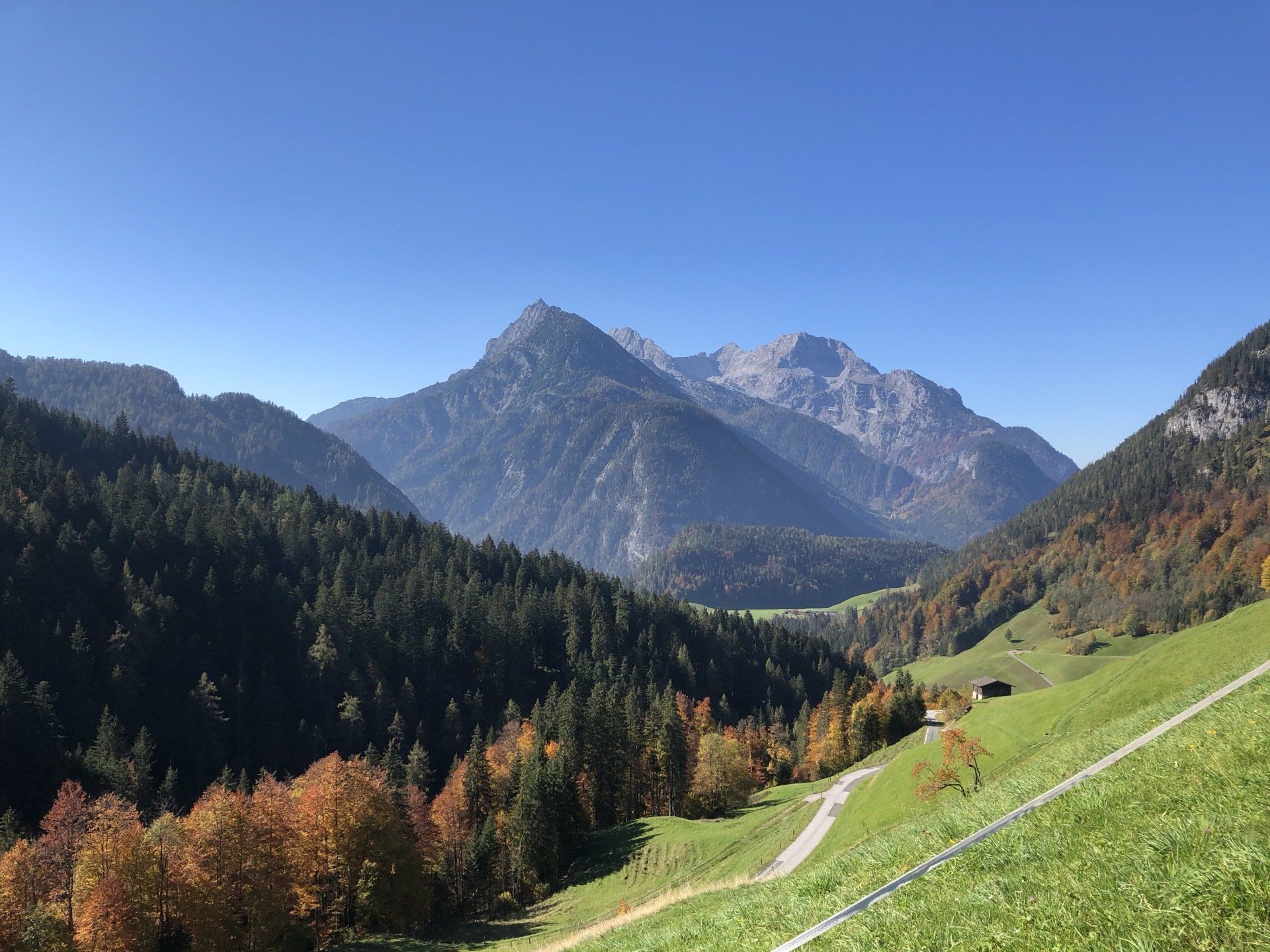 Bergtal mit immergrünen und herbstlichen Bäumen unterhalb schroffer Gipfel unter klarem, blauem Himmel