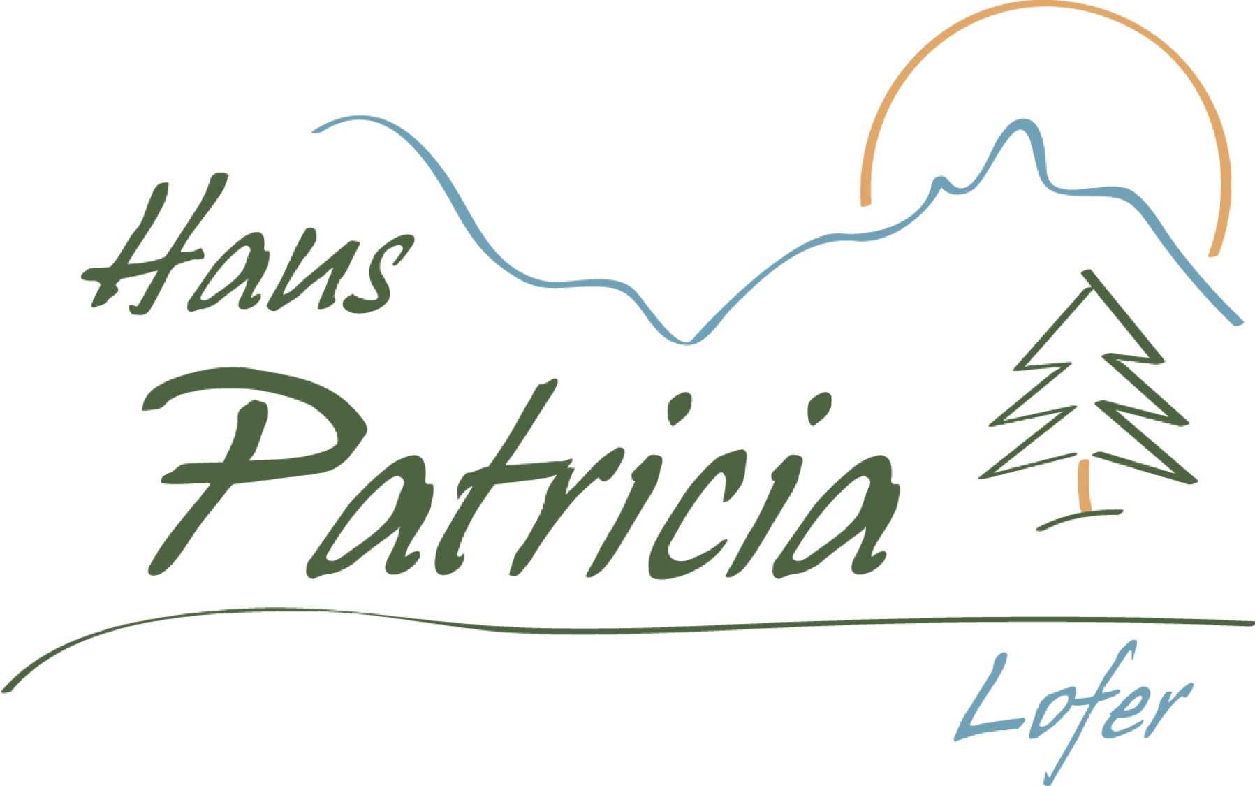 Logo mit der Aufschrift „Haus Patricia Lofter“ und Bergen und Bäumen in Blau, Orange und Grün