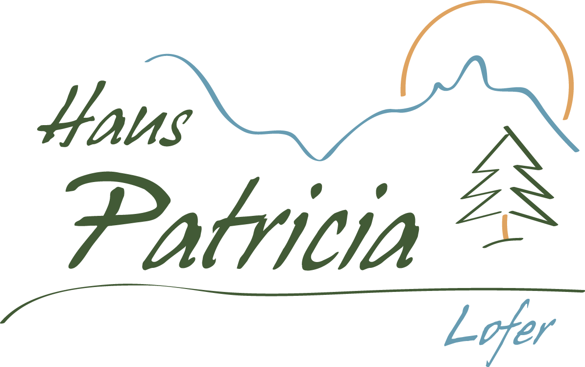 Logo mit der Aufschrift „Hans Patricia Lofer“ in Grün und Blau mit Umrissen von Bergen, Bäumen und Sonne.