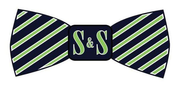 Striped green-and-black bow tie with “S&S” monogram in the center