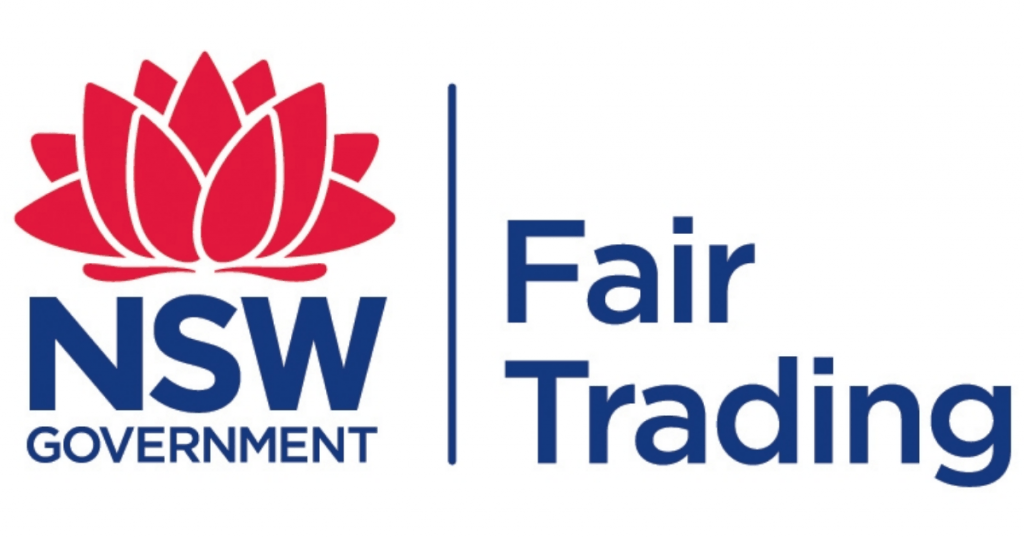 NSW Fair Trading logo: Red lotus flower, blue text