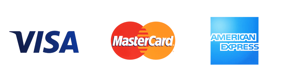 Logos for Visa, Mastercard, and American Express payment methods.