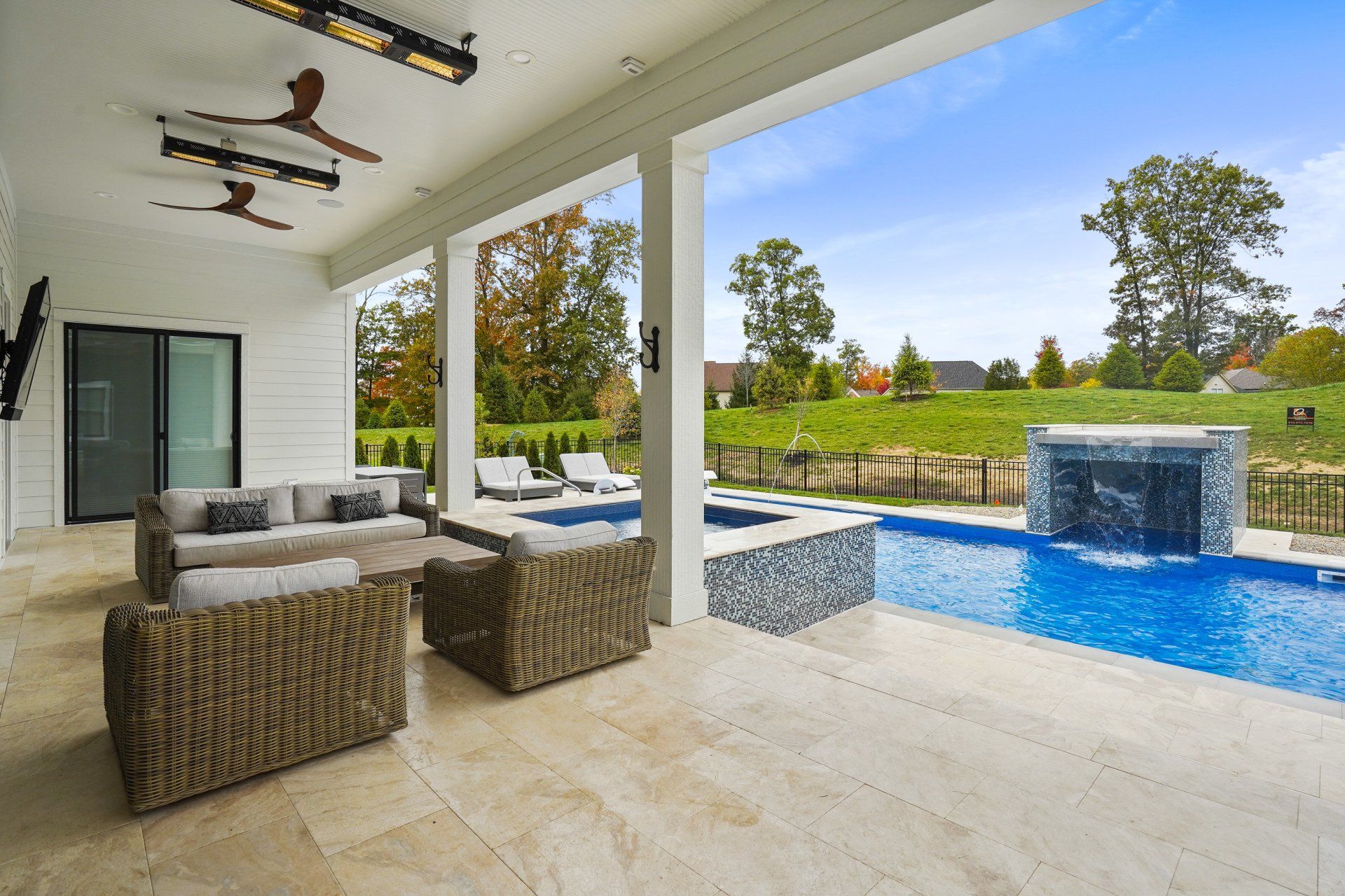 Covered patio with wicker seating and a pool overlooking a landscaped backyard