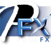 Stylized blue-and-white FX logo with swooping letters on a black background