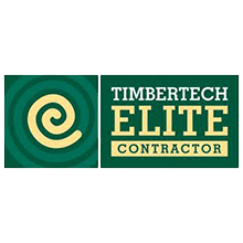 TimberTech Elite Contractor logo in green, gold, and white with spiral icon and text.