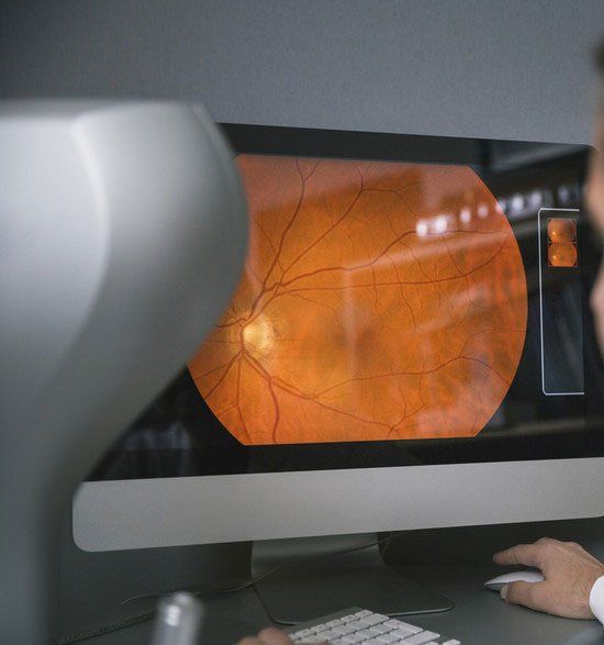 optometrist examining retina on computer in clinic