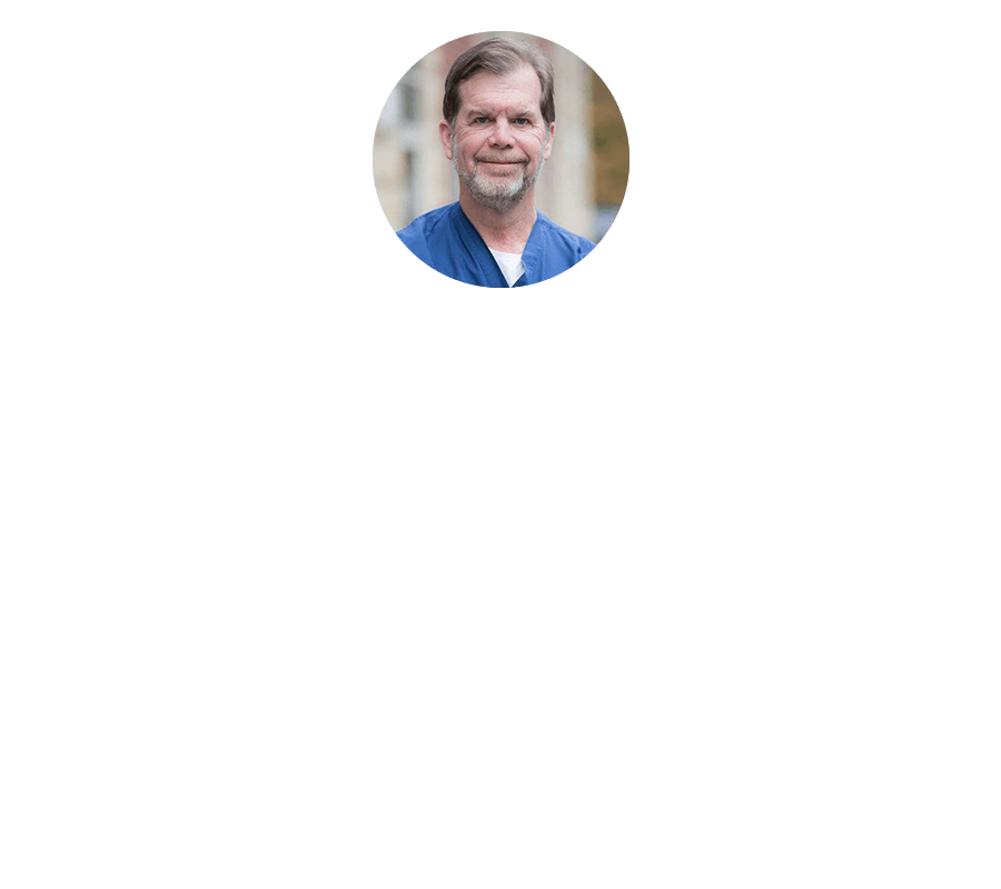 A man in a blue scrub is standing in a circle on a white background.