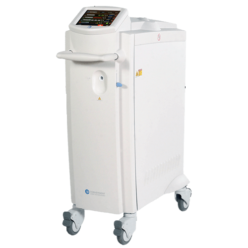 A white machine with wheels and a handle on a white background.
