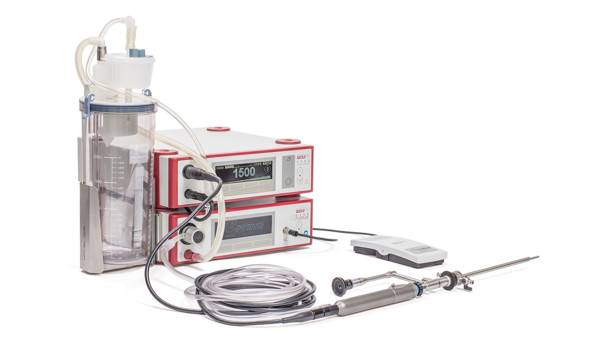A medical device with a hose attached to it on a white background.